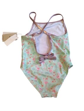 Tommy Bahama Girls Mint Flamingo Print One-Piece UPF Swimsuit with Pink Trim